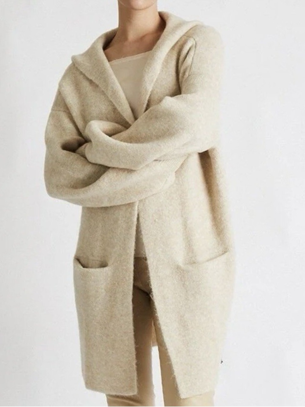 Beryll Cardigan Cozy Hooded Open-Front Women's Sweater Cardigan in Beige